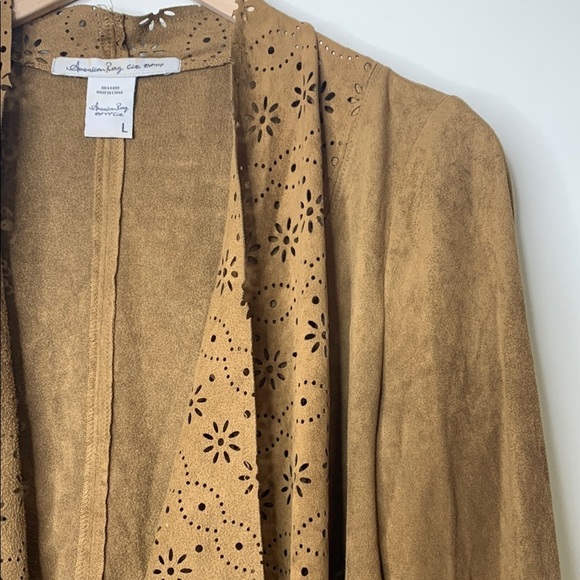 American Rag | Chestnut Brown Faux Suede Open Front Laser-cut Waterfall Top L - Picture 5 of 17